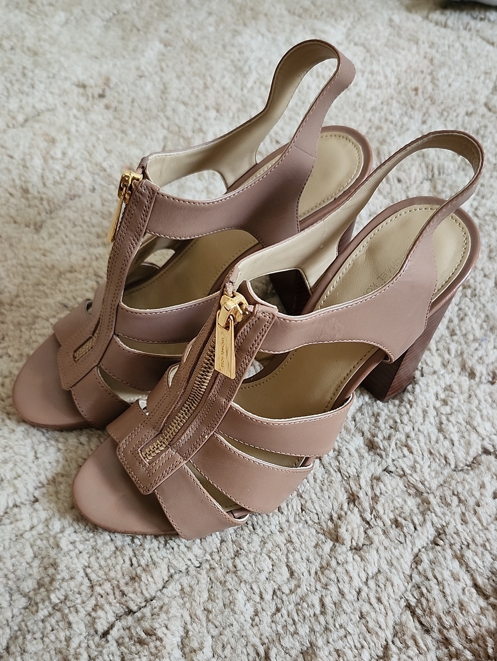 Micharl Kors Slingback Zipper Block Heel Sandals in Light Tan Gold Zipper Detail